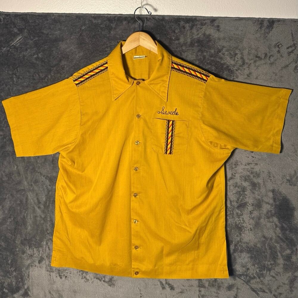 VTG 70s King Louie Bowling Shirt XL Yellow Chainstitch Flocked Military Vet TREA